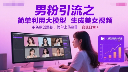 男粉引流之简单利用大模型生成美女视频，条条原创爆款，简单上传制作，变现日1k+-百盟网