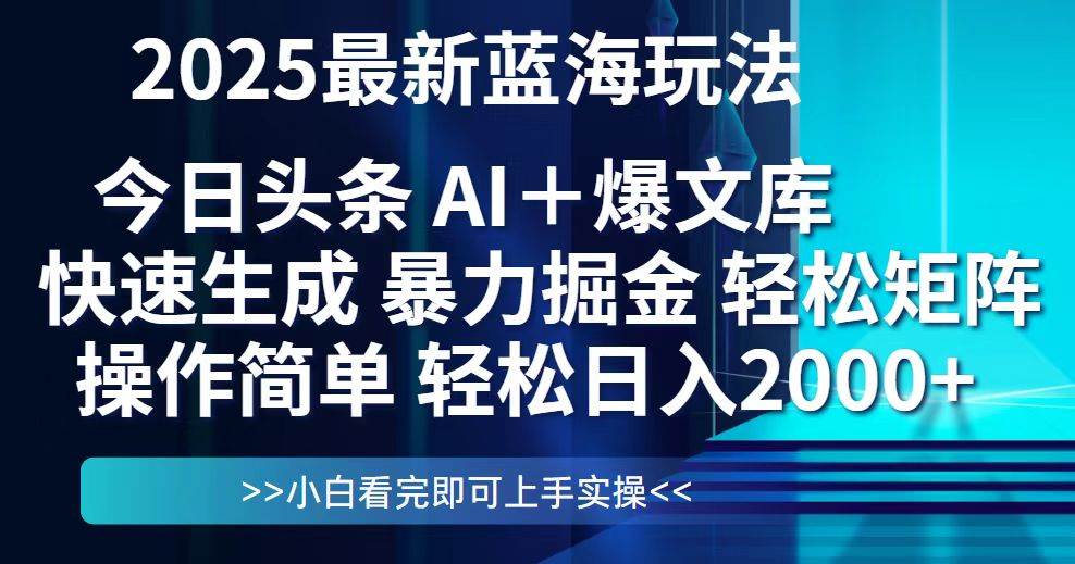 （14805期）今日头条2025最新蓝海玩法，思路简单，复制粘贴，轻松实现矩阵日入2000+-百盟网